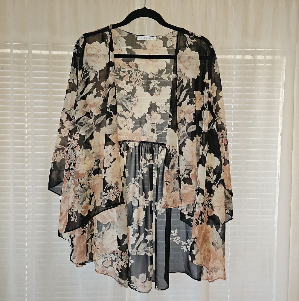 Chris & Carol Black Floral Sheer Kimono Cardigan with Cream and Blush Flowers